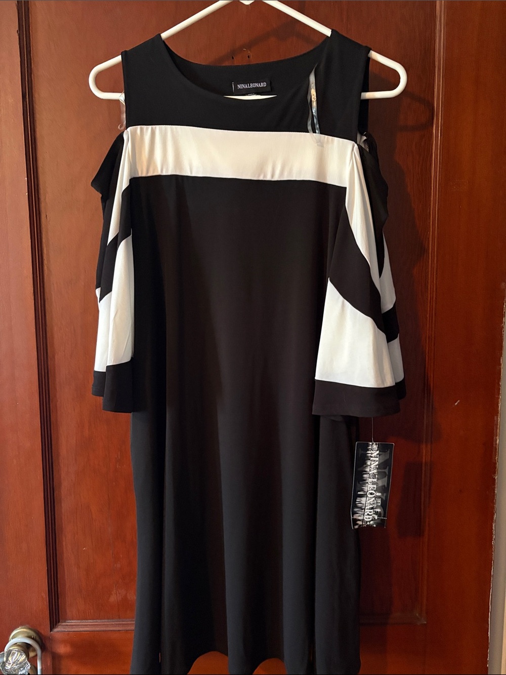 Nina Leonard Black and White Cold-Shoulder Shift Dress